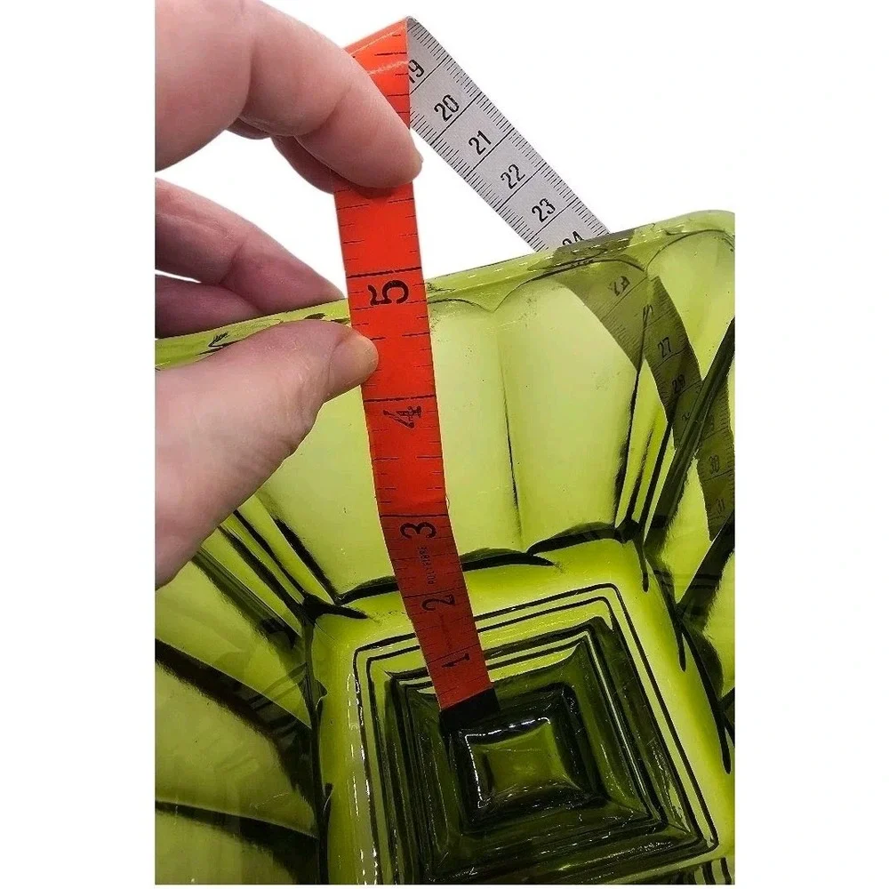 VTG 60s Heavy Olive Green Glass Rectangle Compote /Candy Dish Footed Ribbed Base